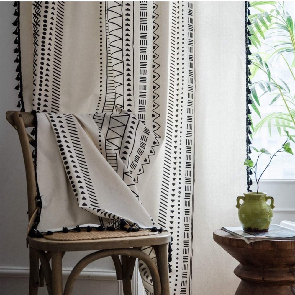 Bohemian Geometric Tassel Window Curtains - 2 Panels Semi Blackout